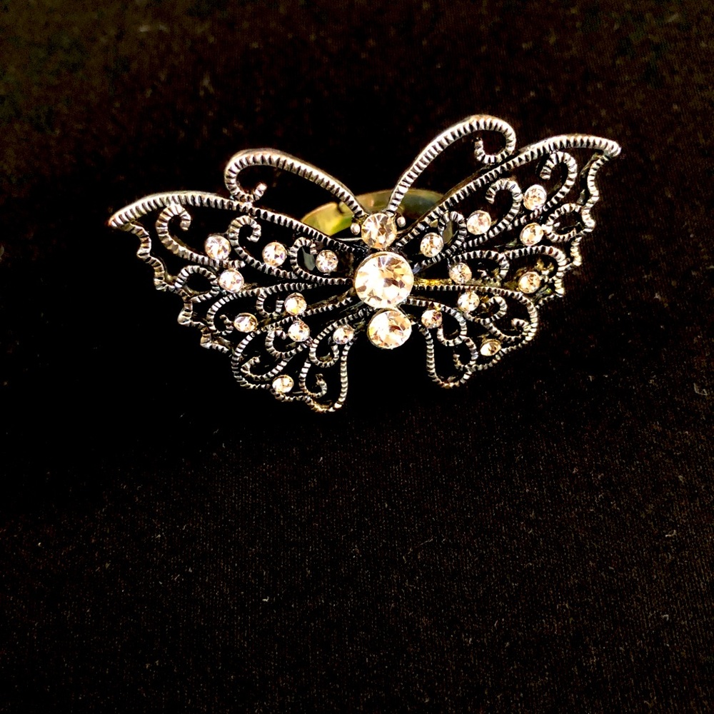 Wide Silver Rhinestone Butterfly Ring